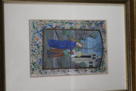 Gouache on vellum illumination, 15 x 10cm and four Persian pictures